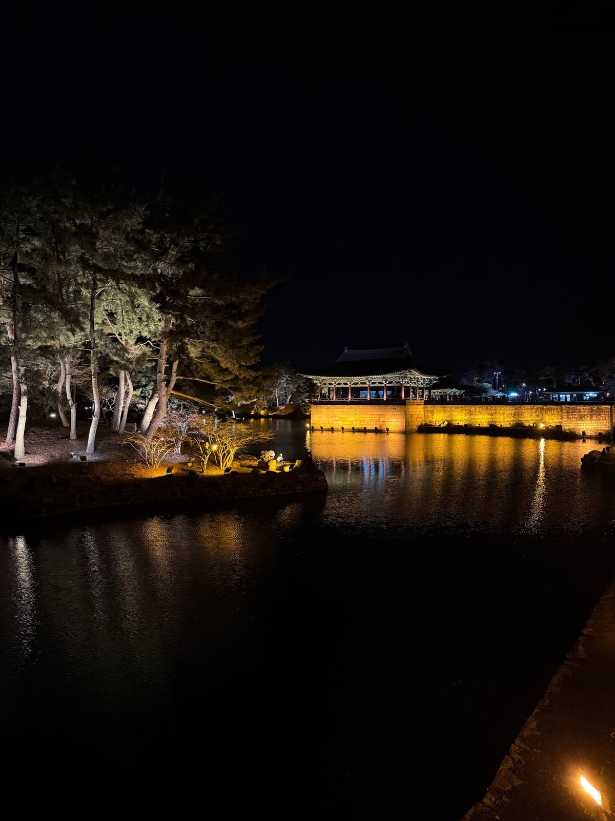 A traditional Korean pavilion, lit up at night, reflected in a pond